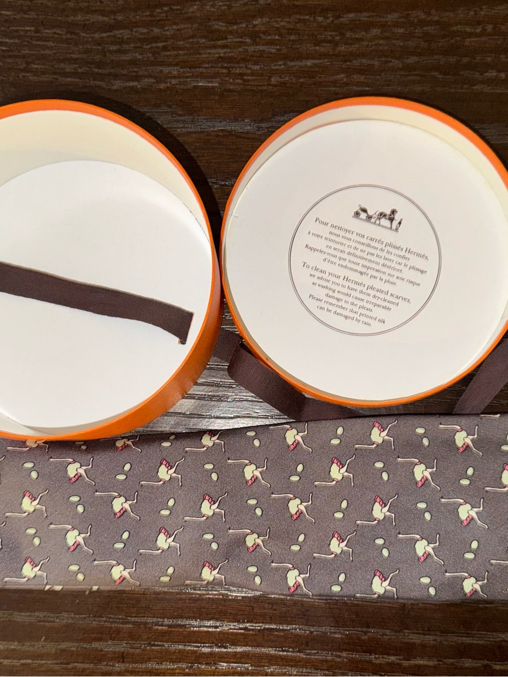 Hermes Brown Silk Tennis Player Motif Tie with Cream and Pink Accents